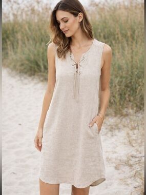 Bella Dahl Dress Neutral Lace-Up Linen-Blend NWT Size Medium
